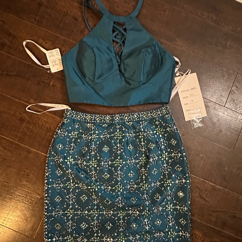 Rachel Allan Teal Embroidered Mini Skirt with Solid Teal Top